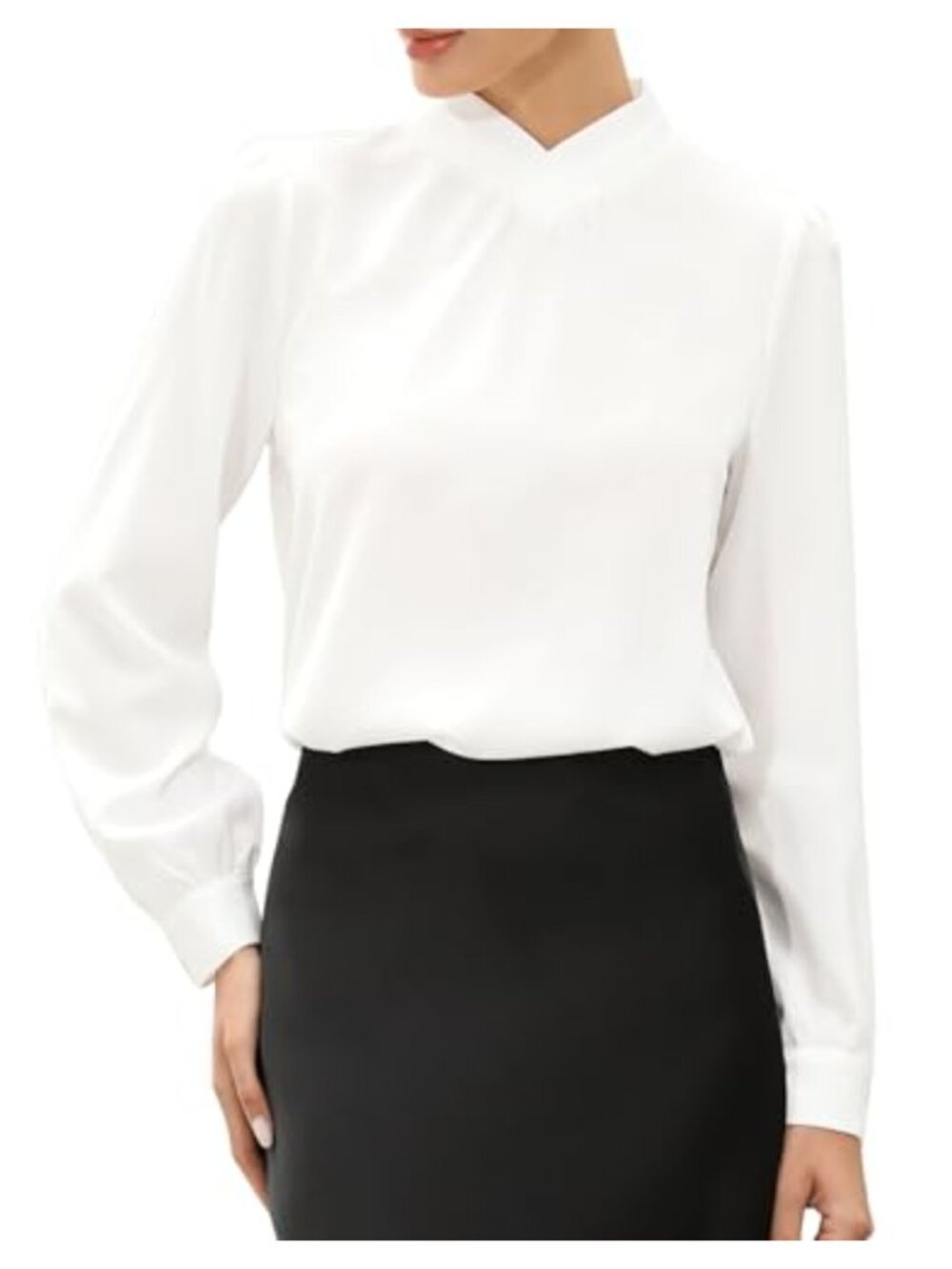 Womens Pleated Mock Neck Long Sleeve Business Blouse